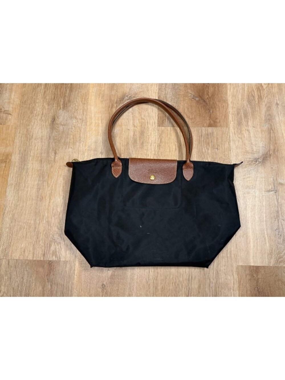 Longchamp Le Pliage Black Nylon Tote Bag With Brown Leather Trim & Gold Hardware